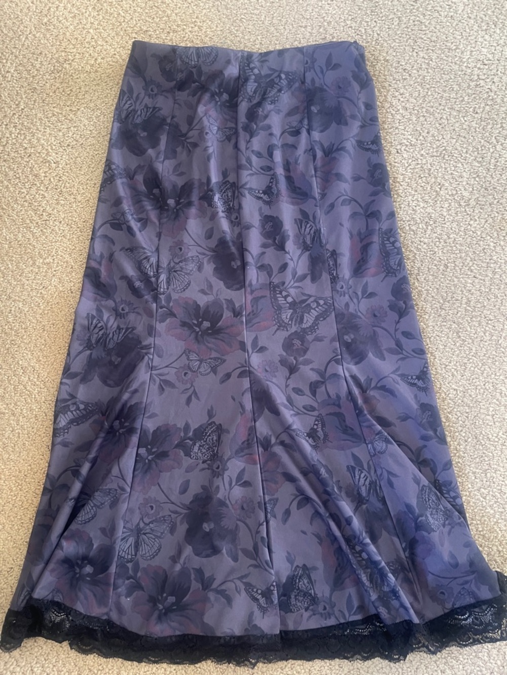 ROMWE Purple Floral & Butterfly Maxi Skirt with Black Lace Trim